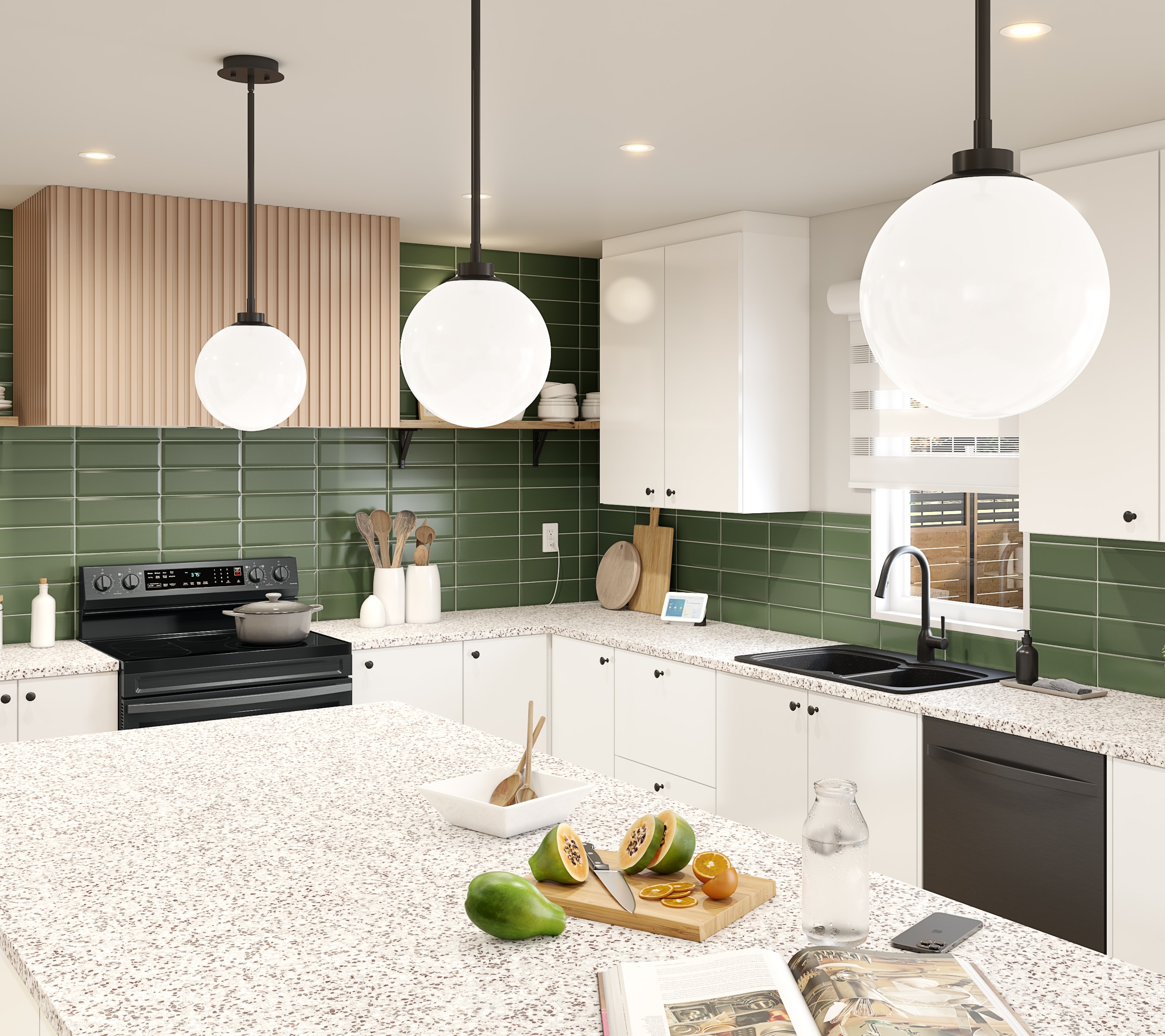 A serene kitchen scene at dusk, soft light over a wooden table with simple wholesome foods arranged calmly